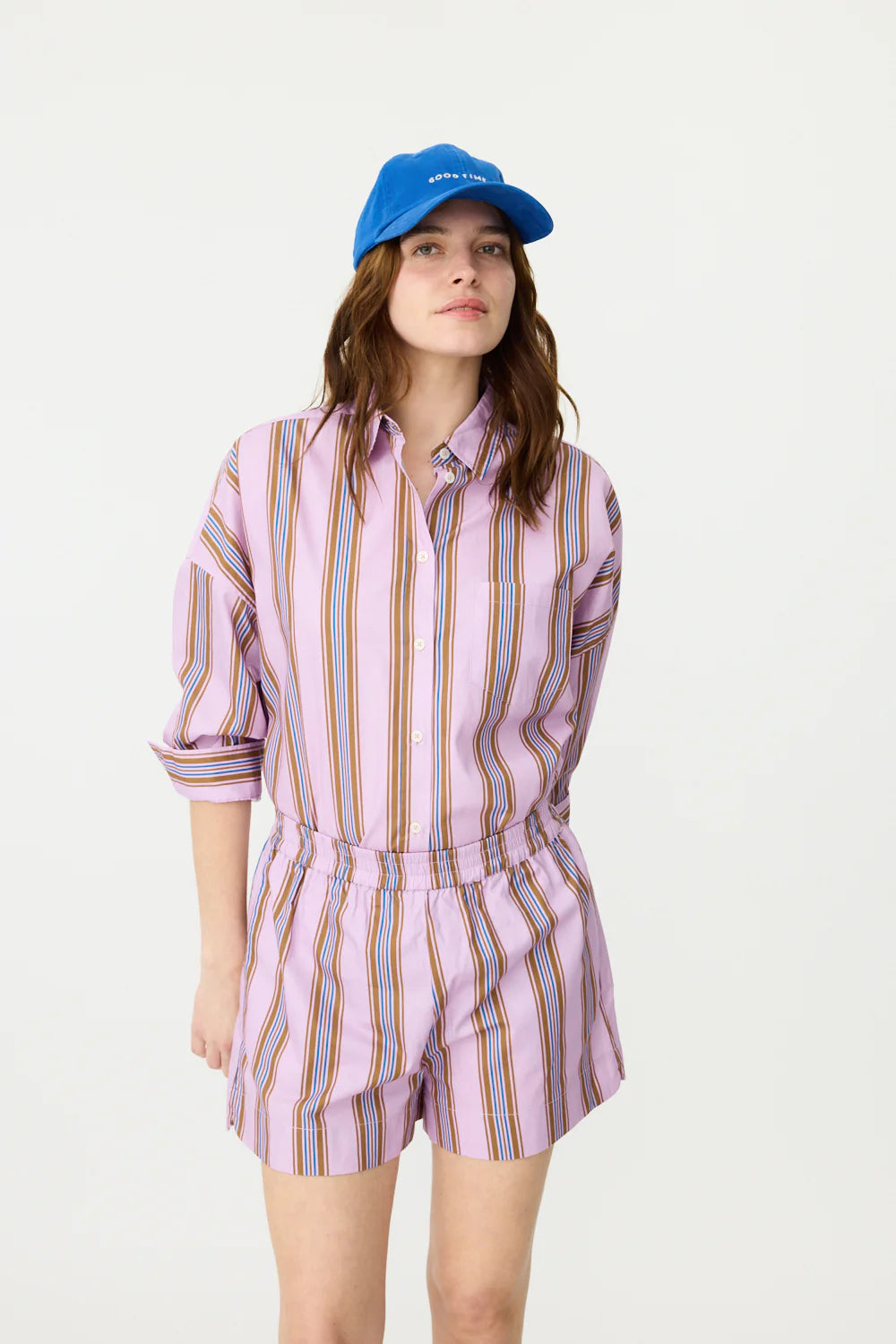 LMND Chiara Classic Shirt Stripes in Violet, Caramel, Electric Indigo