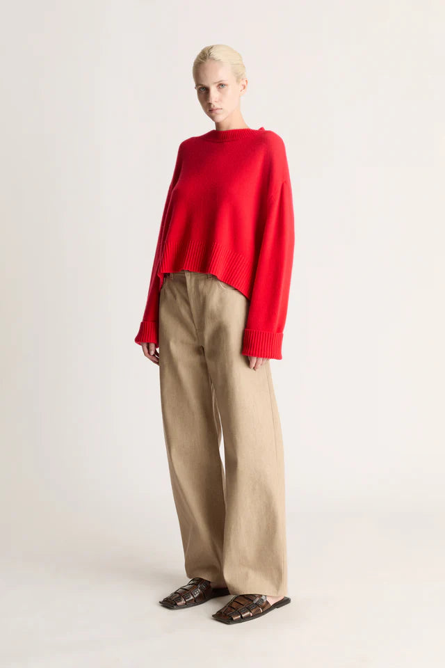 Lee Mathews Cashmere Cropped Crewneck in Ruby