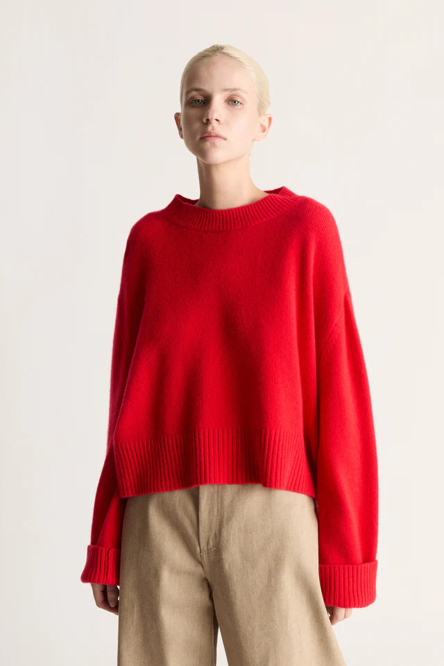 Lee Mathews Cashmere Cropped Crewneck in Ruby