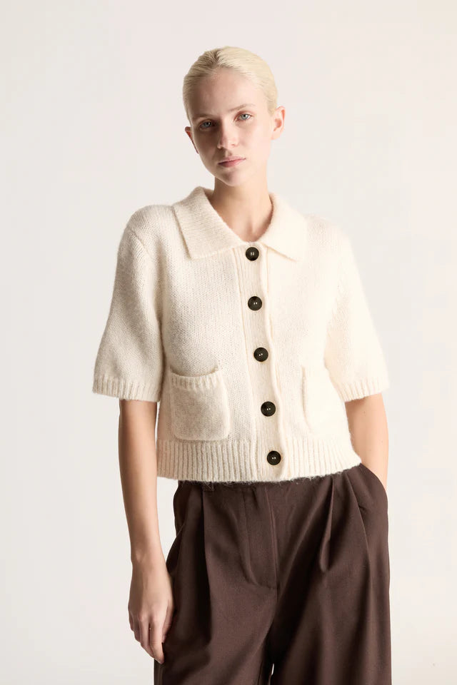 Lee Mathews Greta Cropped Short Sleeve Cardigan in Chalk