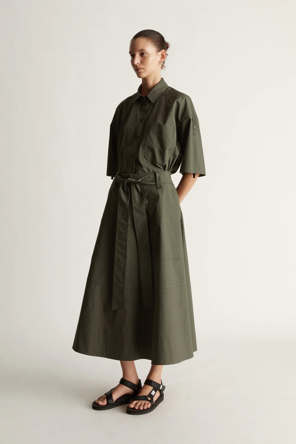 Lee Mathews Poplin Flare Skirt in Olive Green