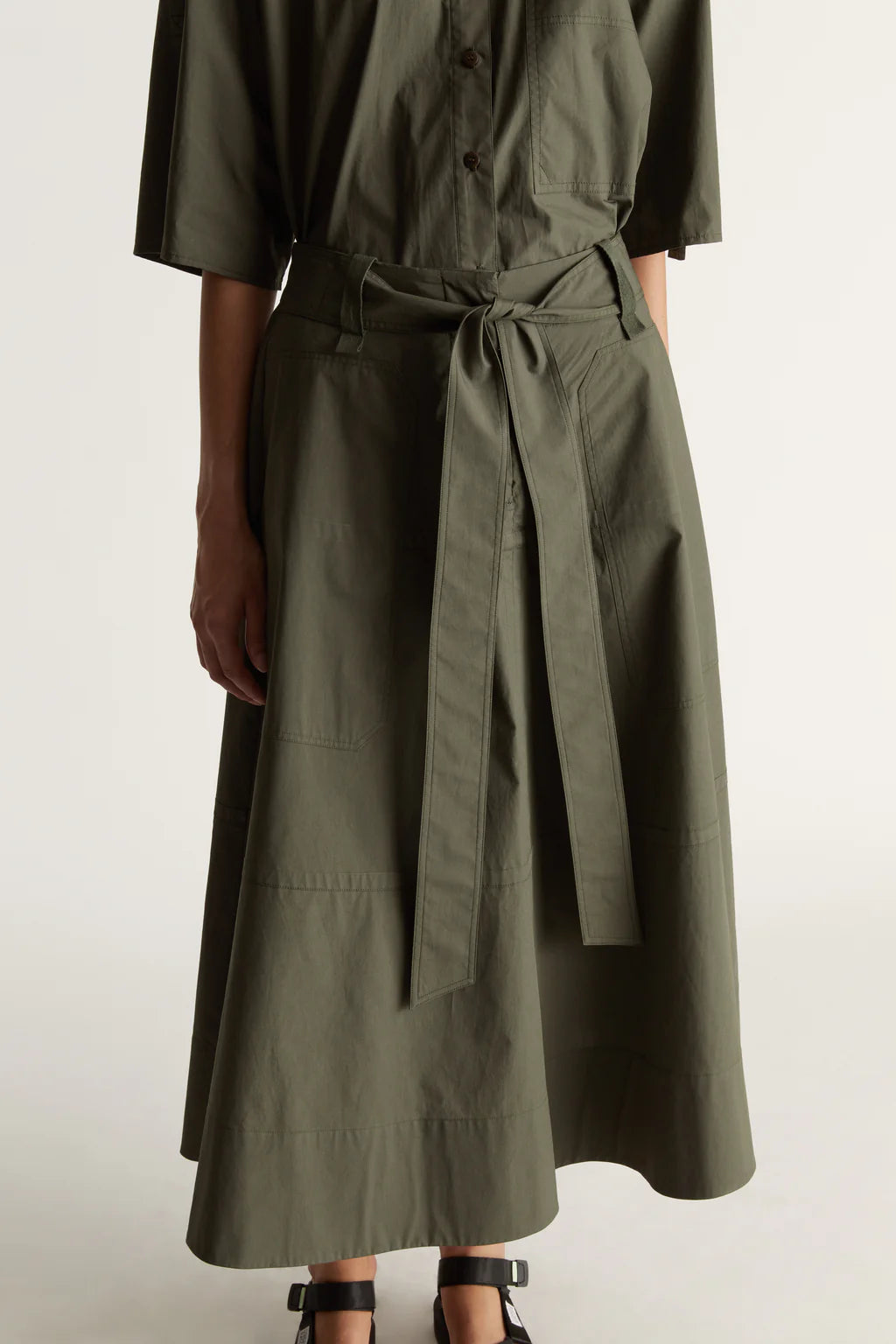 Lee Mathews Poplin Flare Skirt in Olive Green