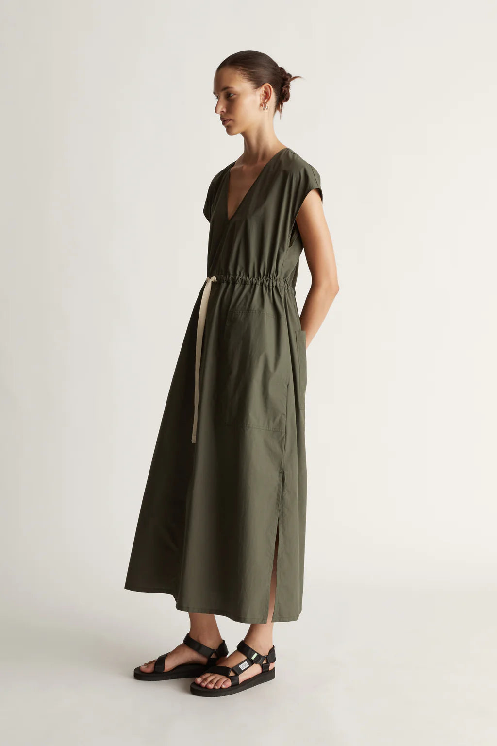 Lee Mathews Poplin V Neck Dress in Olive Green