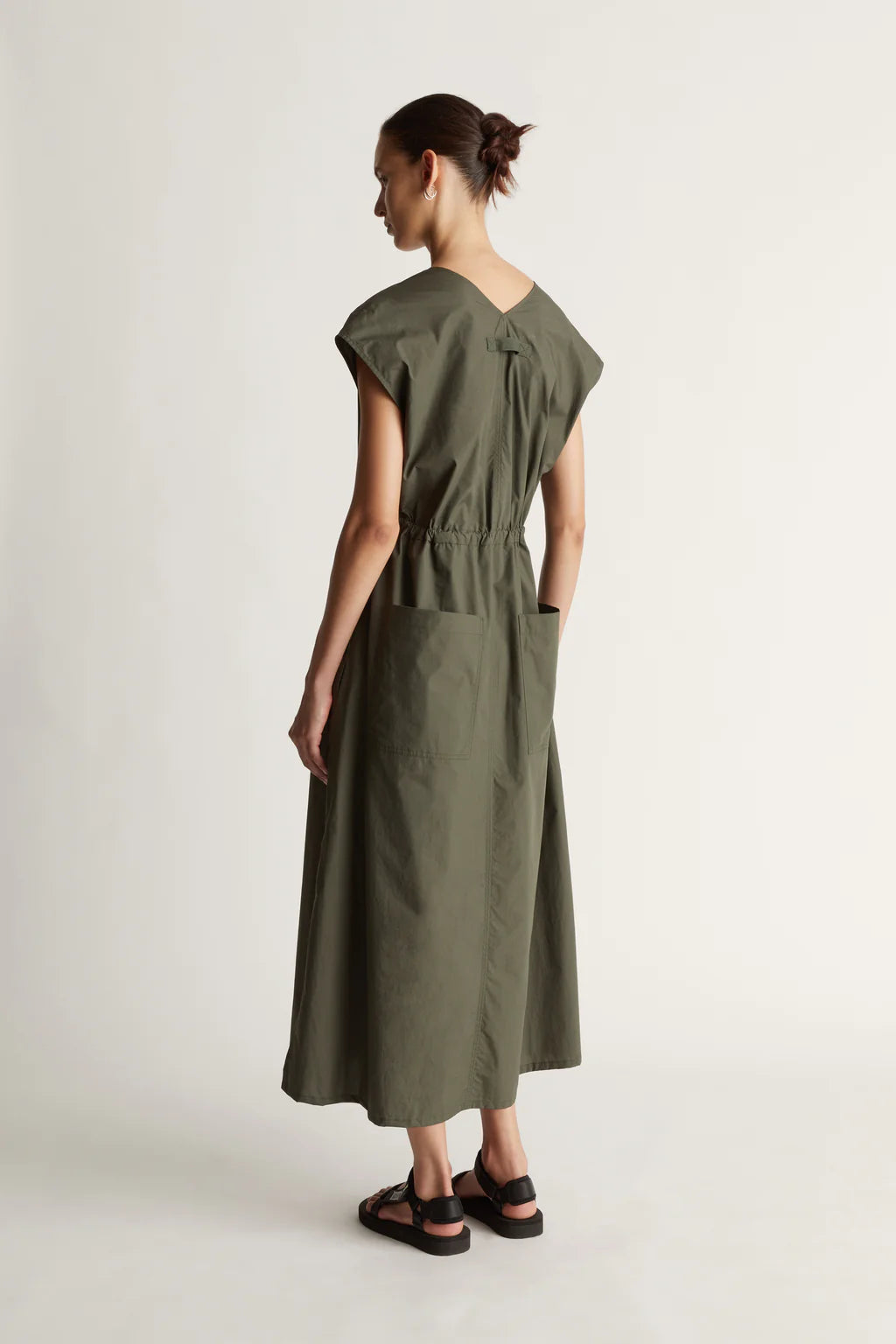 Lee Mathews Poplin V Neck Dress in Olive Green