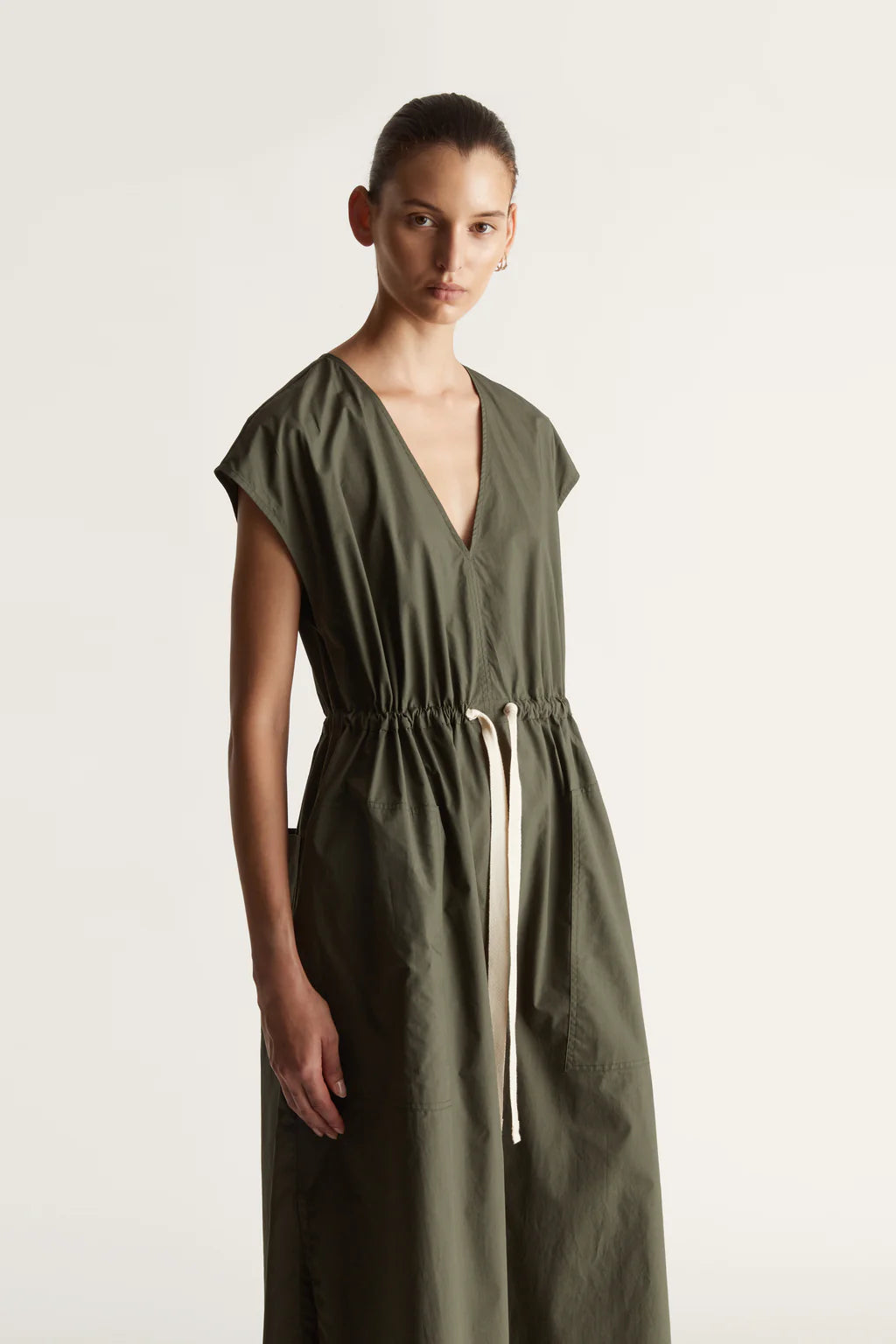 Lee Mathews Poplin V Neck Dress in Olive Green