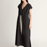 Lee Mathews Poplin V Neck Dress in Black
