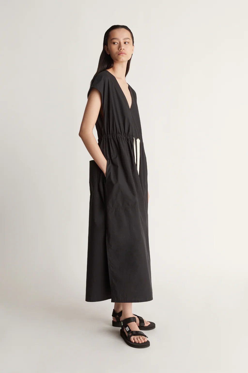 Lee Mathews Poplin V Neck Dress in Black