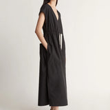 Lee Mathews Poplin V Neck Dress in Black