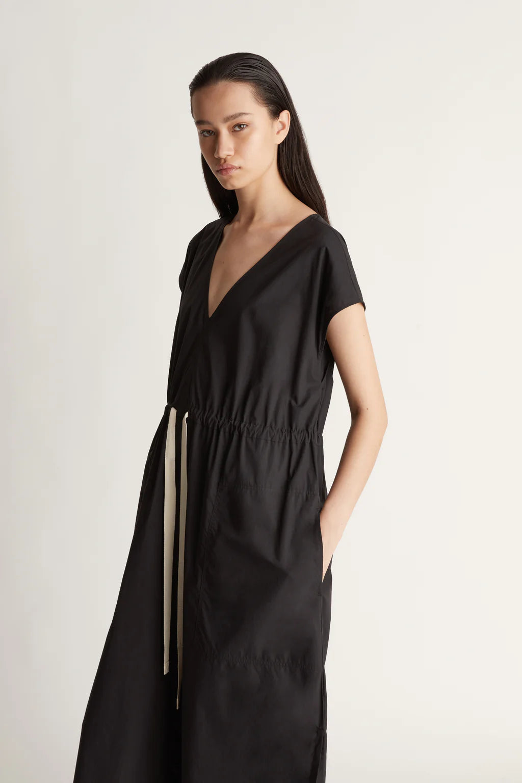 Lee Mathews Poplin V Neck Dress in Black