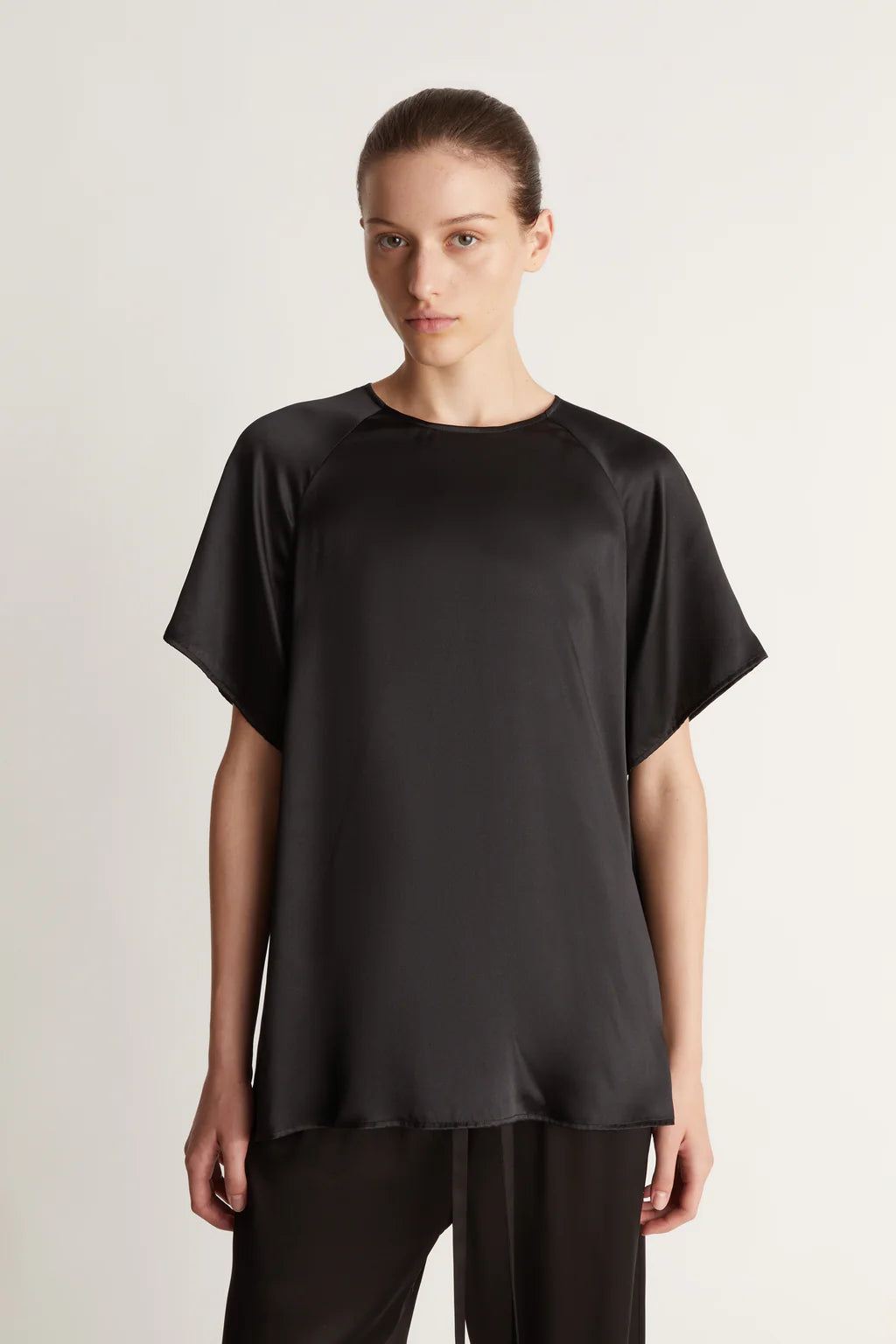 Lee Mathews Stella Silk Satin Raglan Tee in Black