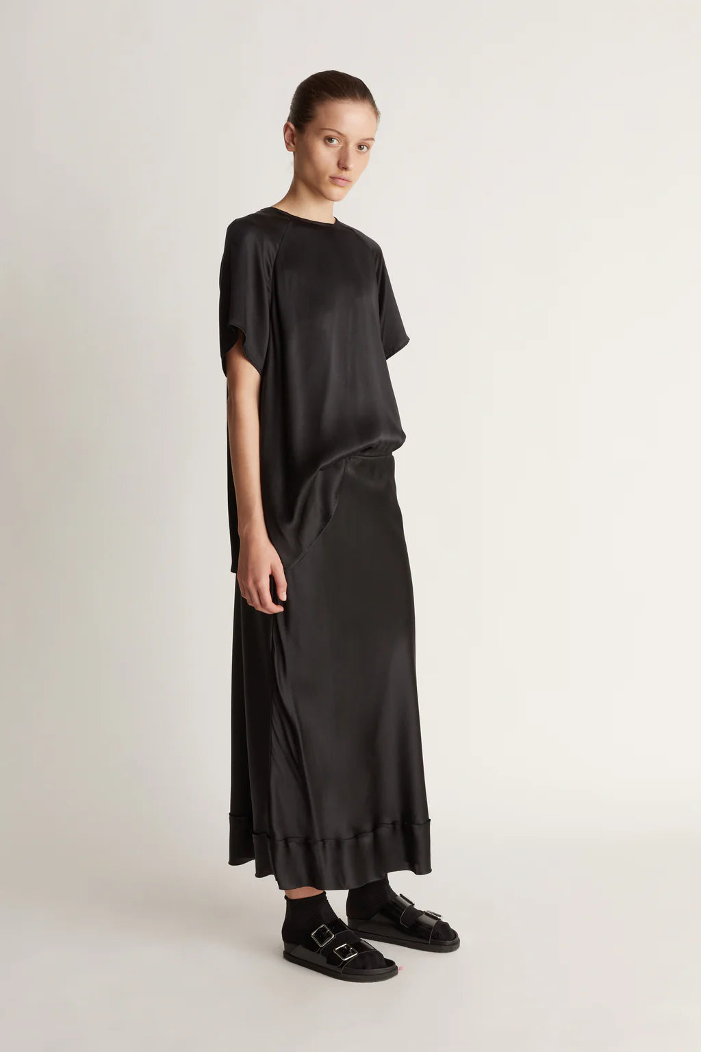 Lee Mathews Stella Silk Satin Skirt in Black