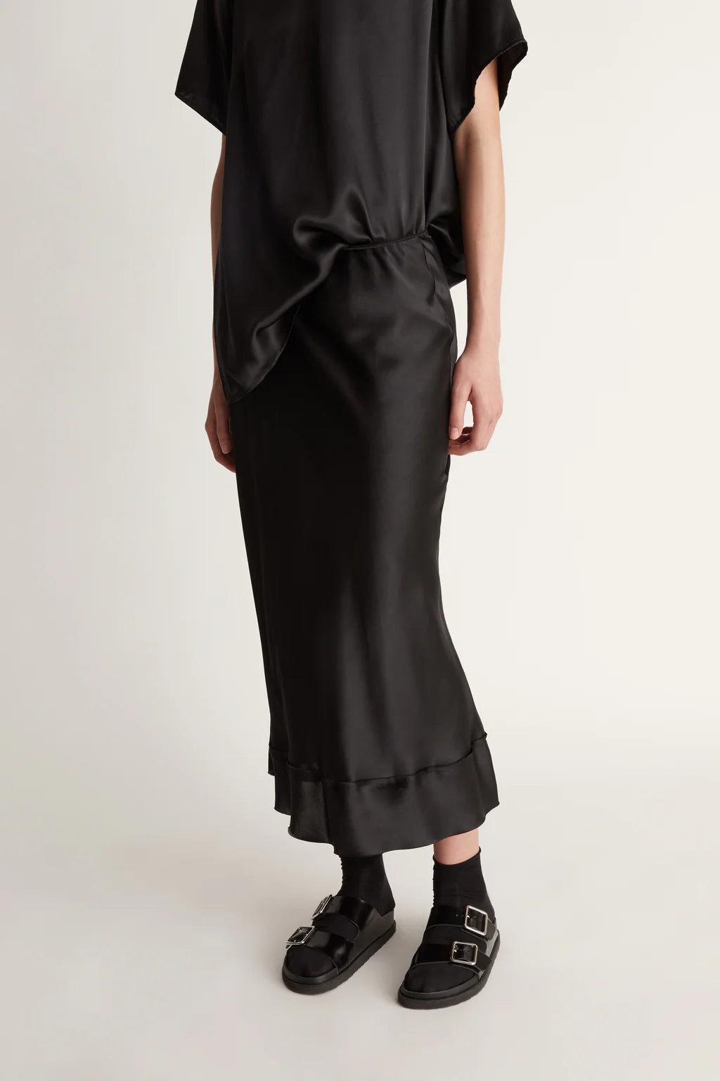 Lee Mathews Stella Silk Satin Skirt in Black