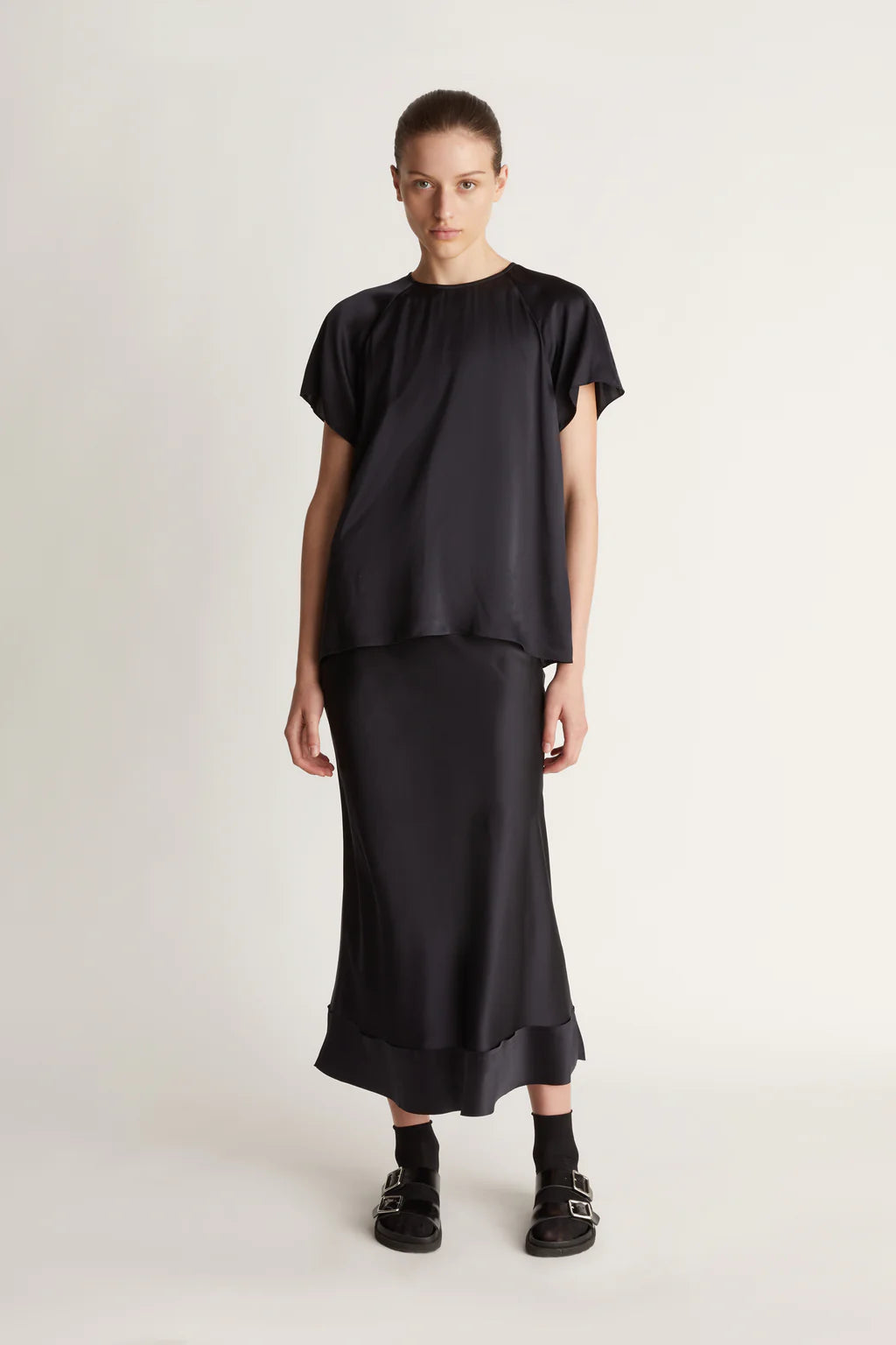 Lee Mathews Stella Silk Satin Skirt in Midnight