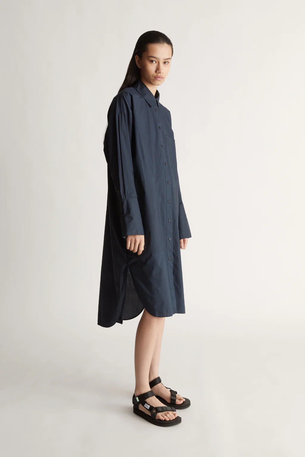 Lee Mathews Poplin Long Sleeve Shirt Dress in Navy