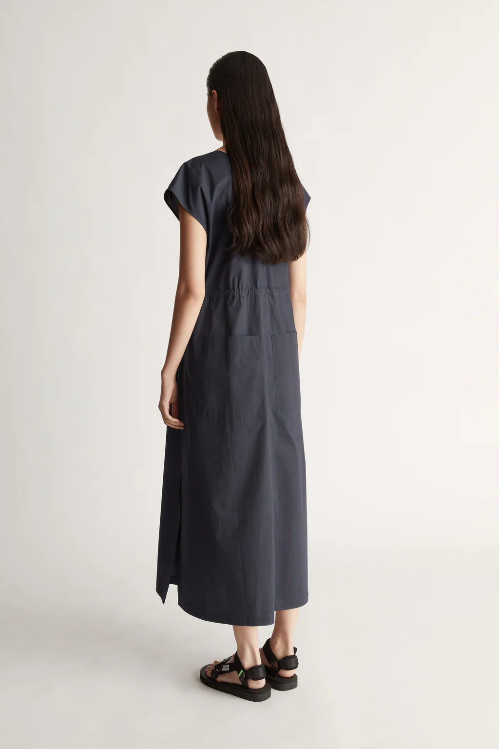 Lee Mathews Poplin V Neck Dress in Navy