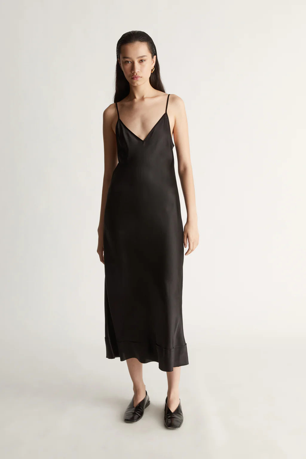 Lee Mathews Stella Silk Satin Slip Dress in Black