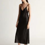 Lee Mathews Stella Silk Satin Slip Dress in Black