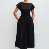 Matteau Shirred Waist Midi Dress in Black