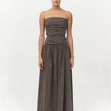 St Agni Gathered Strapless Tie Back Dress In Khaki