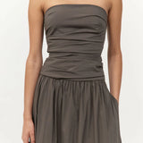 St Agni Gathered Strapless Tie Back Dress In Khaki