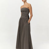 St Agni Gathered Strapless Tie Back Dress In Khaki