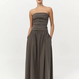 St Agni Gathered Strapless Tie Back Dress In Khaki