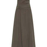 St Agni Gathered Strapless Tie Back Dress In Khaki