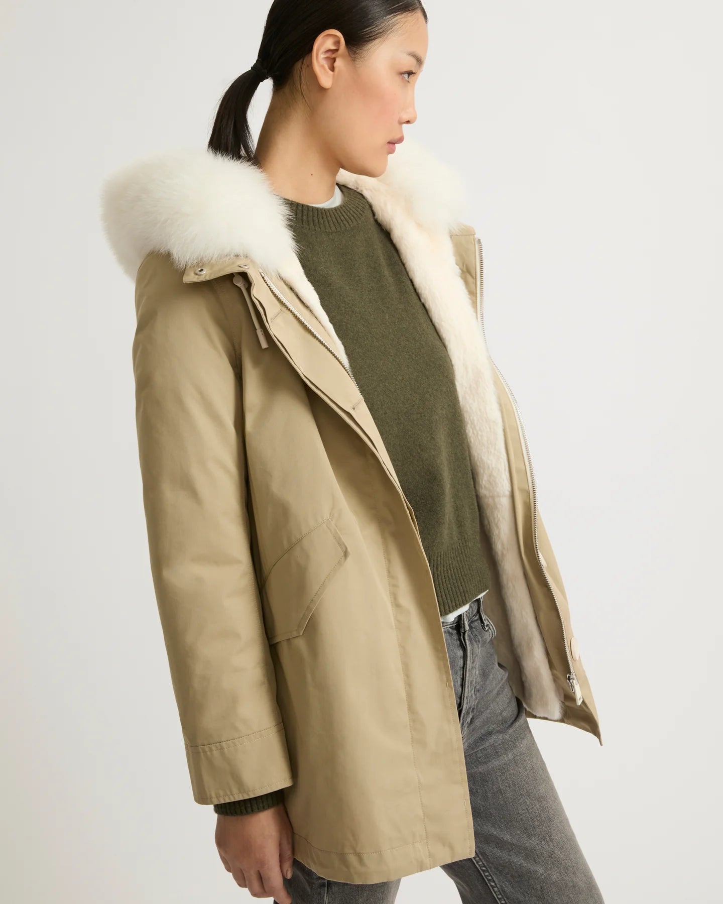 Yves Salomon Parka 72cm in Sable and Ivory