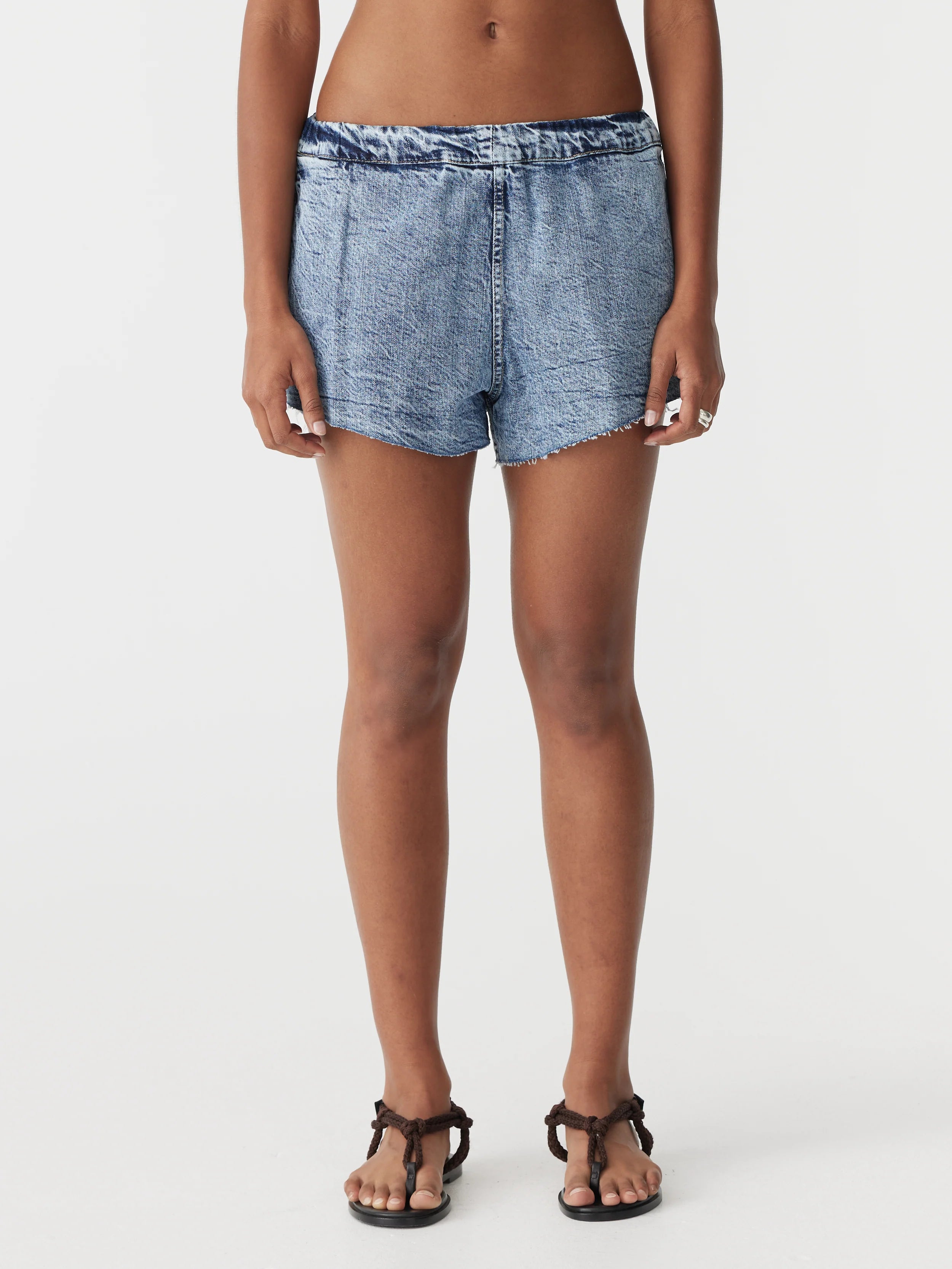 Bassike Denim Pull On Mini Short in Classic Stone Wash