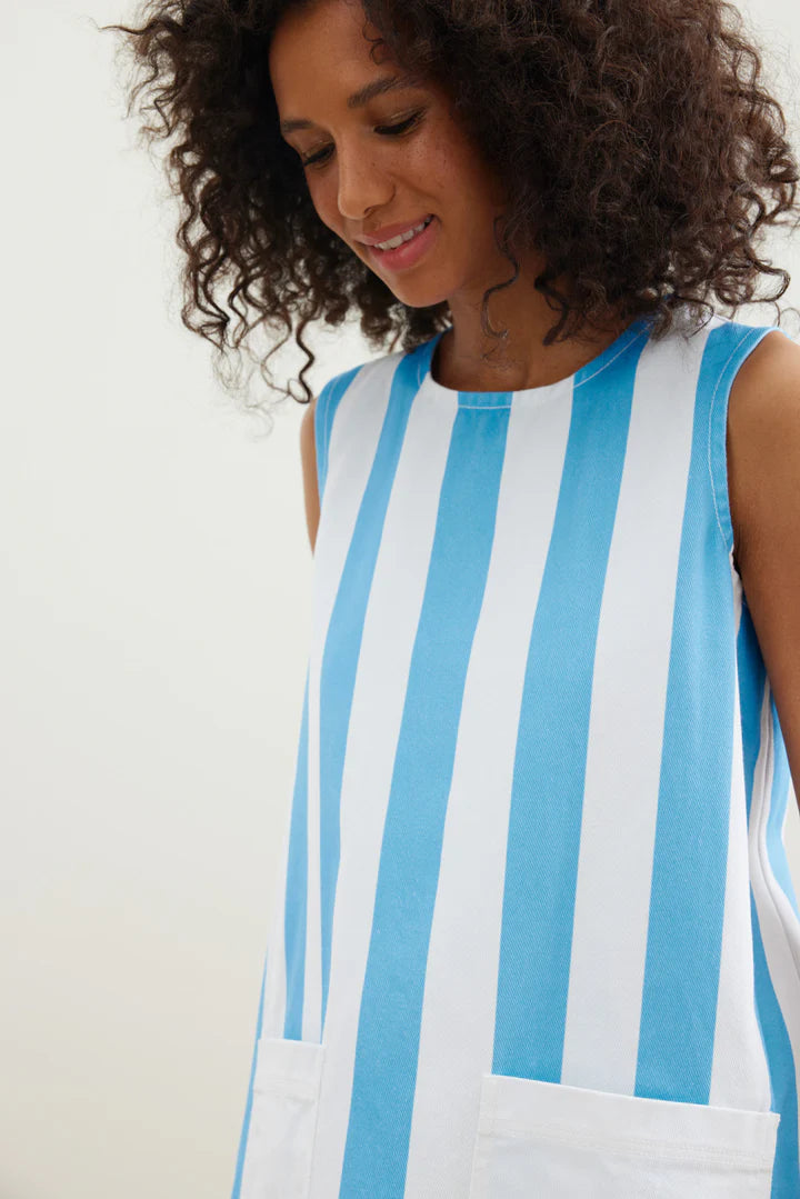 Binny Central Markets Shift Dress in Blue and White Stripe