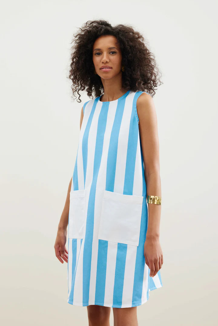 Binny Central Markets Shift Dress in Blue and White Stripe