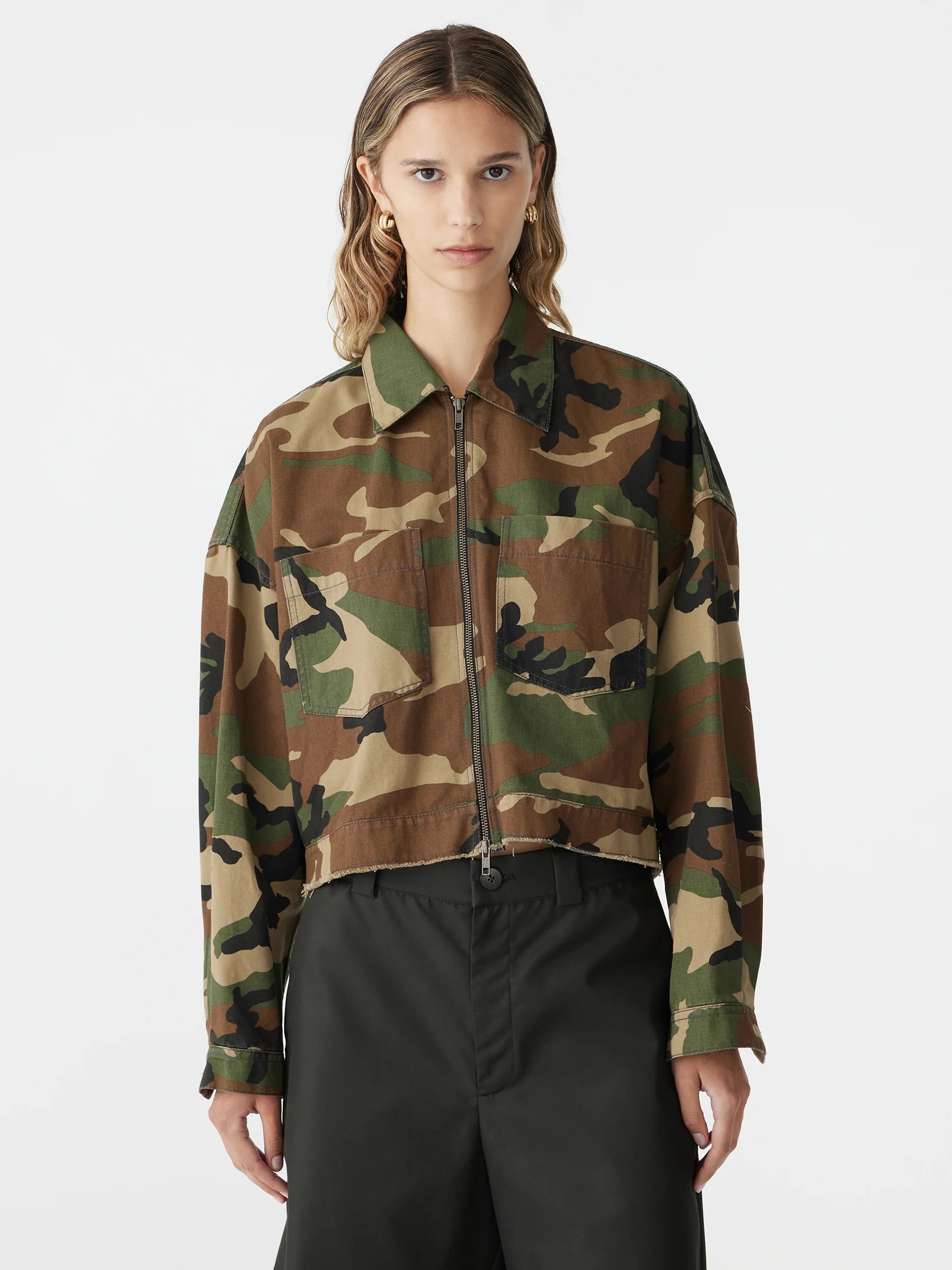 Bassike Camo Zip Front Crop Jacket in Military Camo