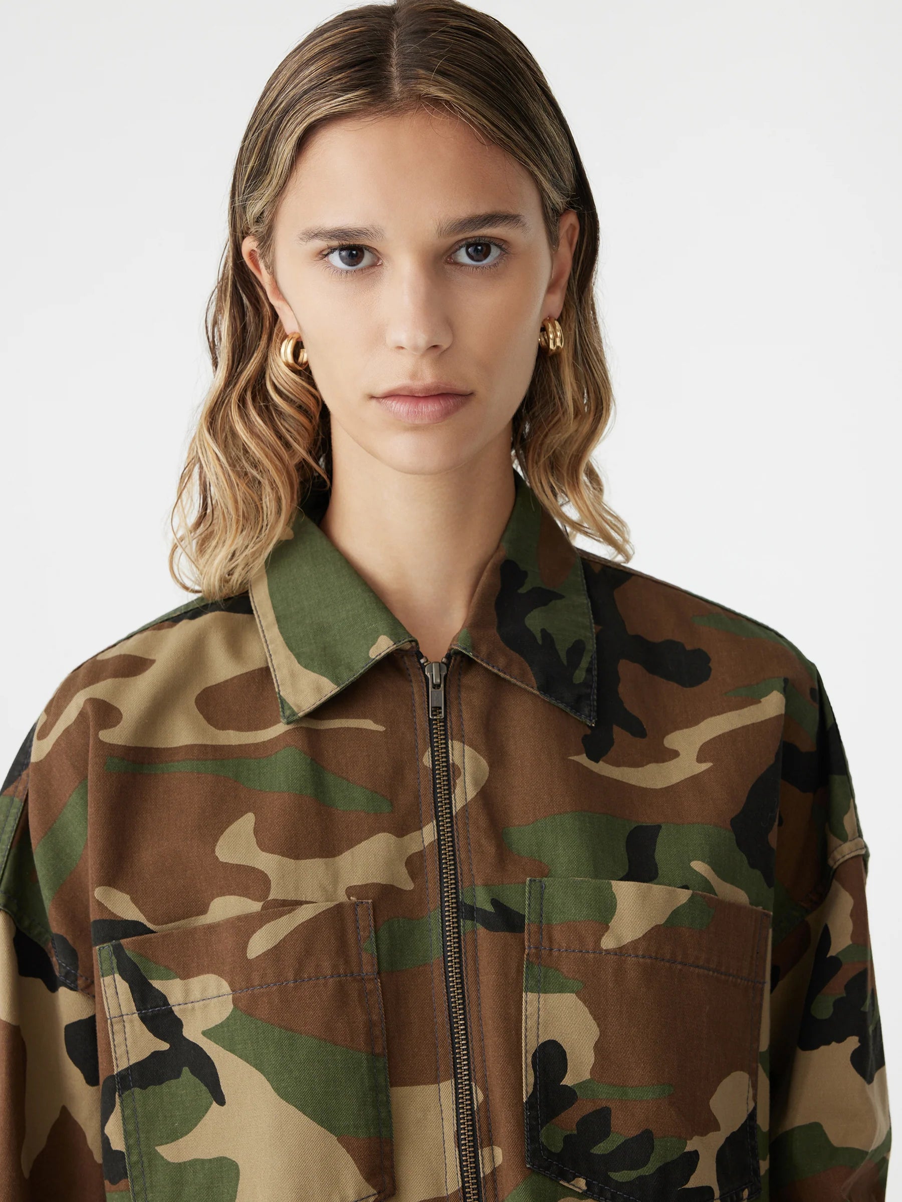 Bassike Camo Zip Front Crop Jacket in Military Camo