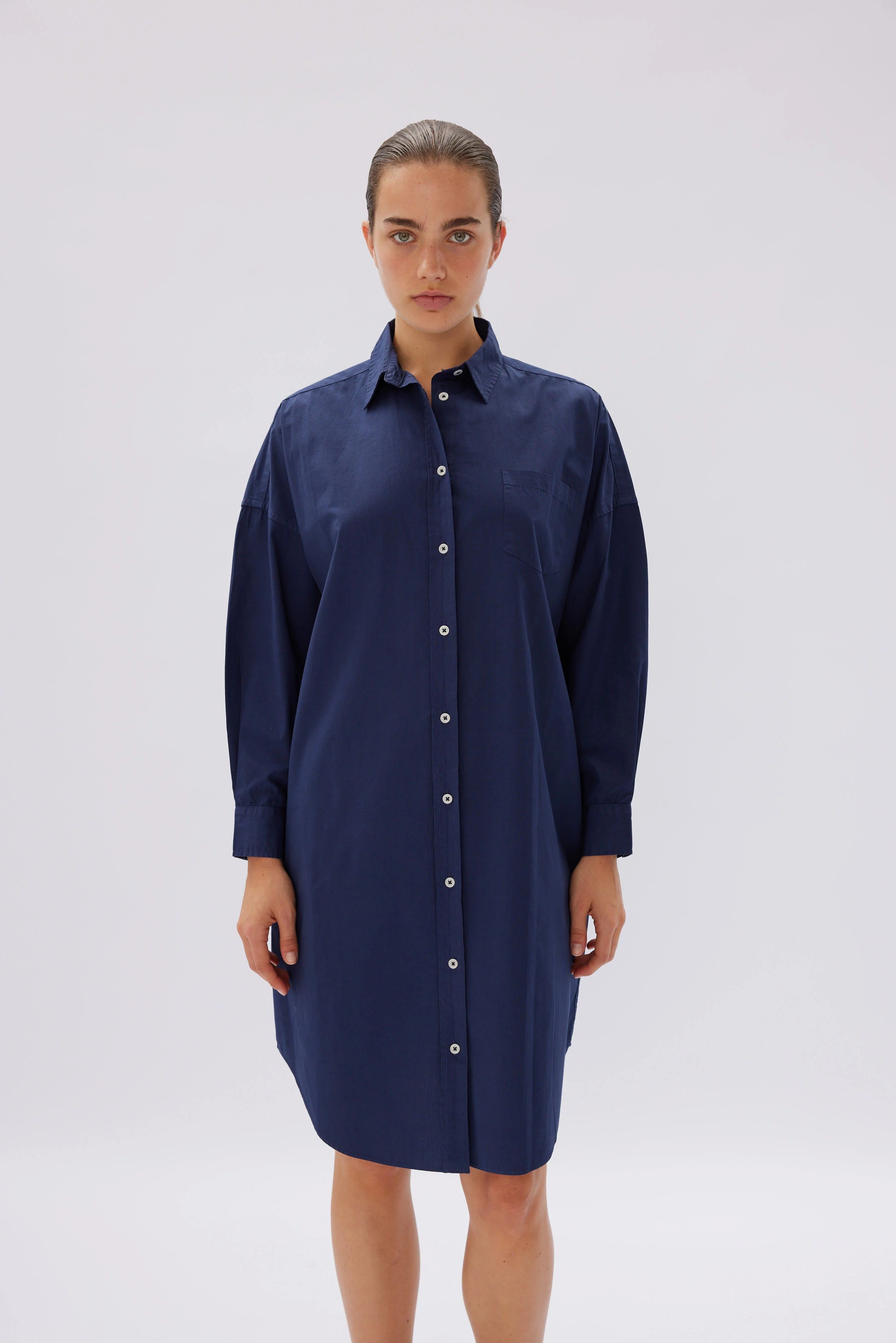 LMND Chiara Classic Shirt Dress in Navy