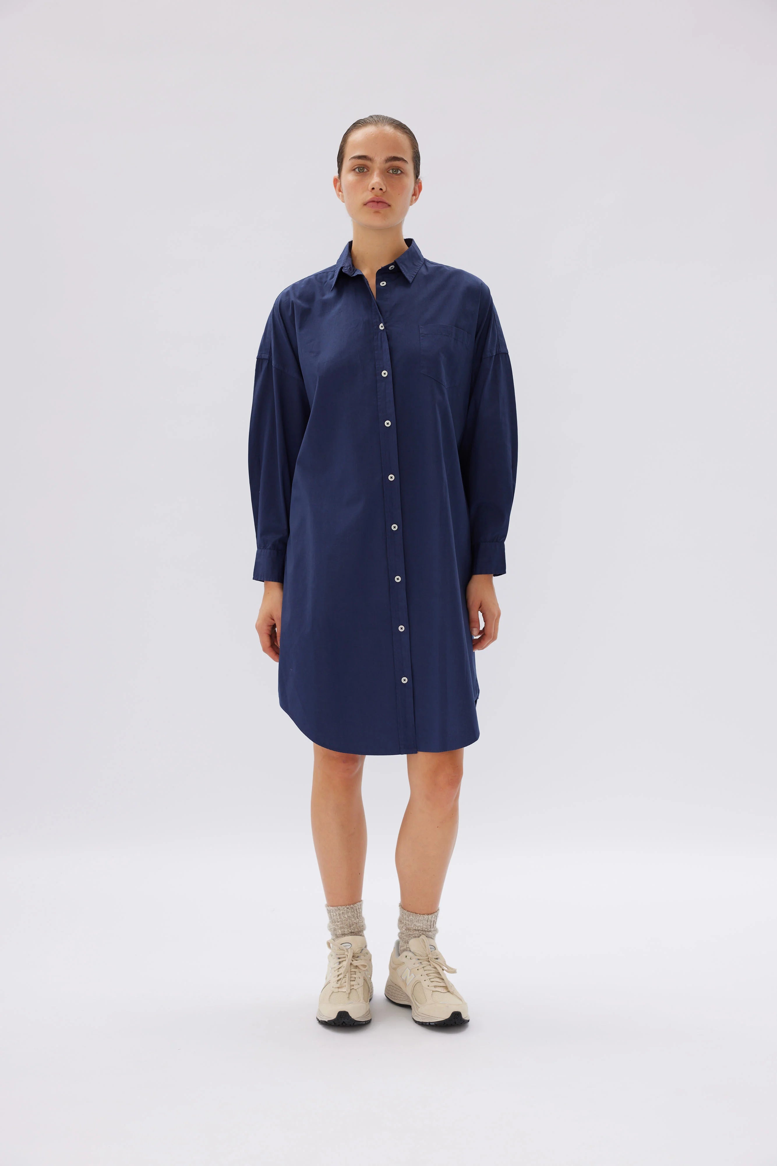 LMND Chiara Classic Shirt Dress in Navy