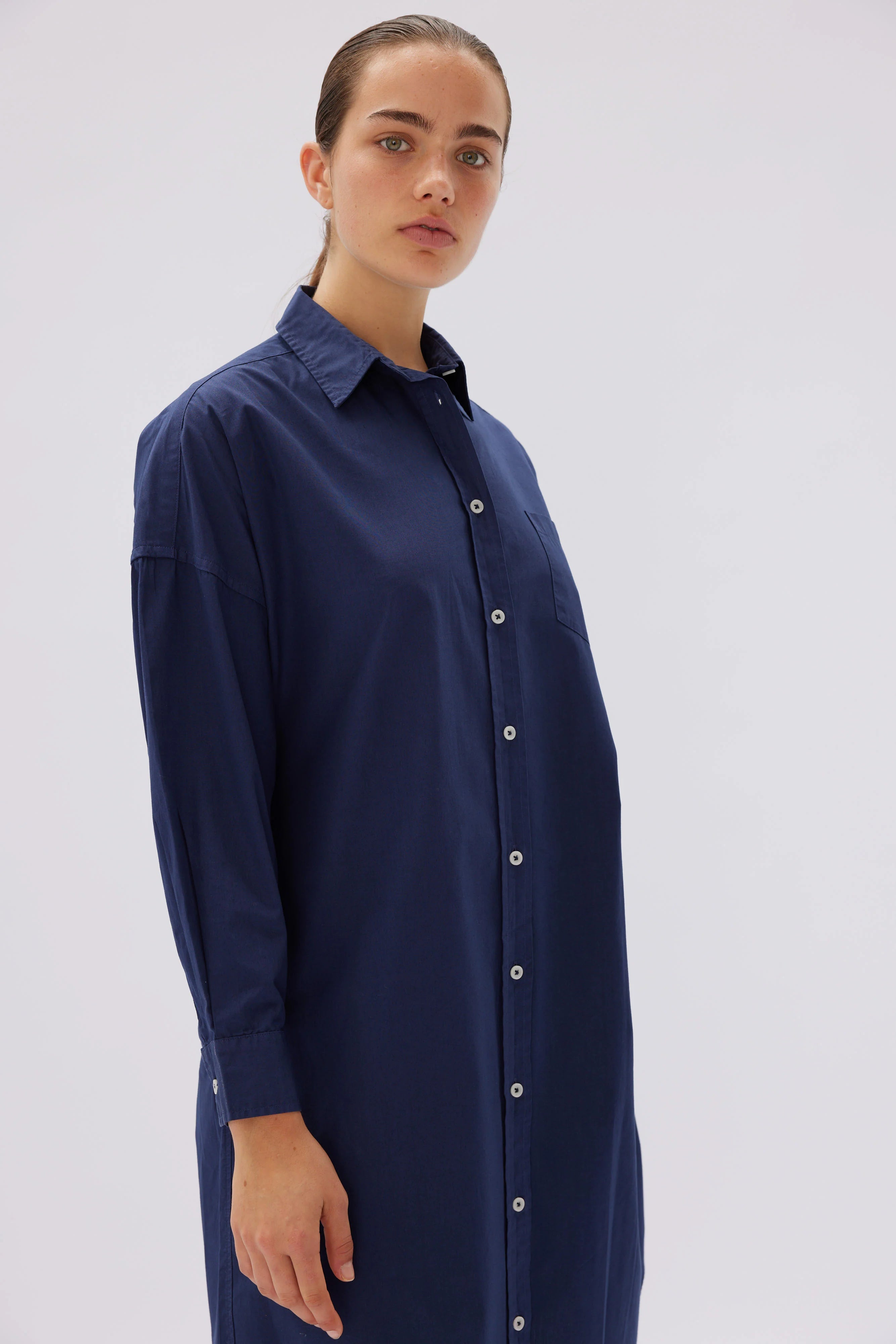 LMND Chiara Classic Shirt Dress in Navy