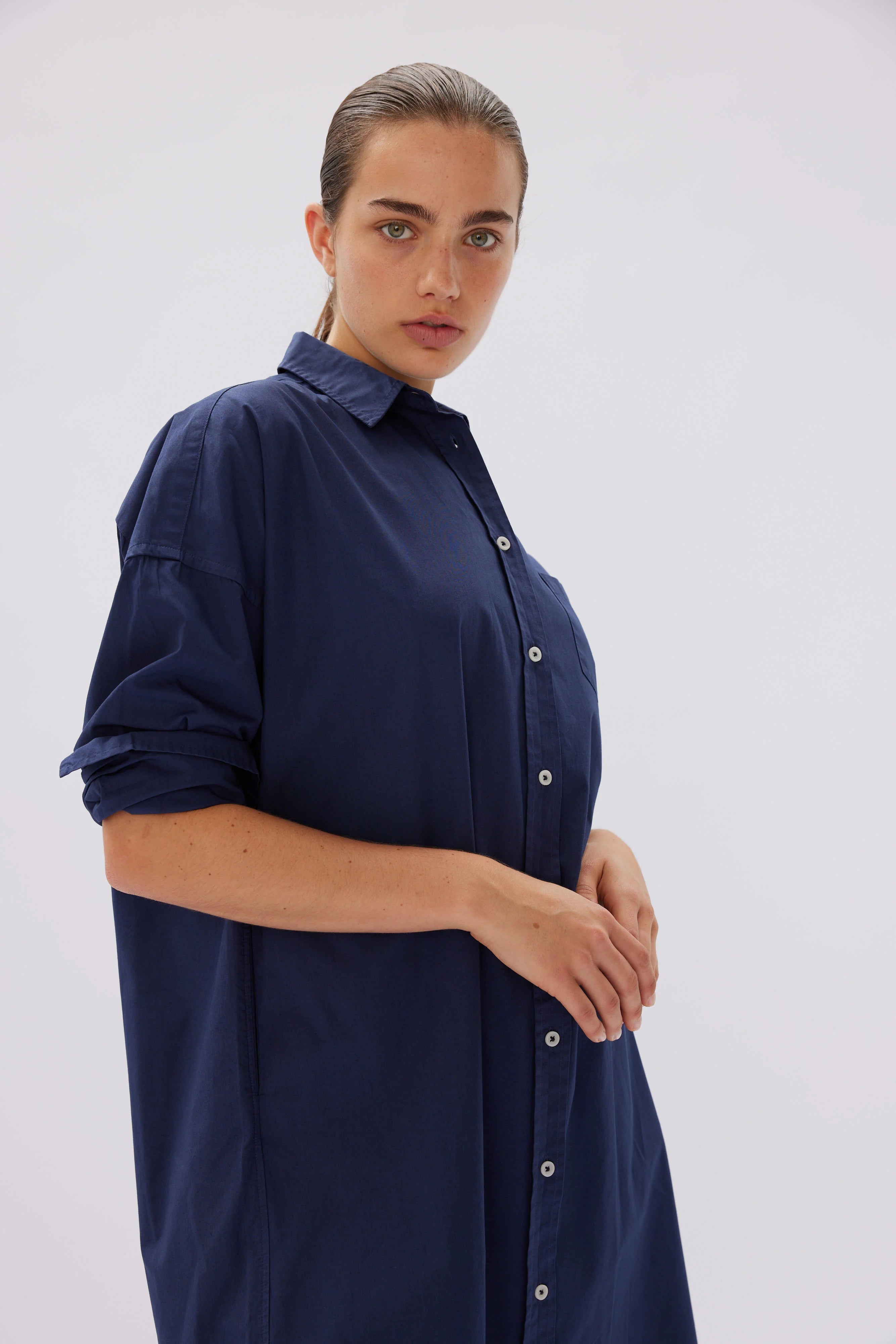 LMND Chiara Classic Shirt Dress in Navy