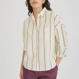 LMND Chiara Long Sleeve Shirt Double Pinstripe in Cherry and Ivory