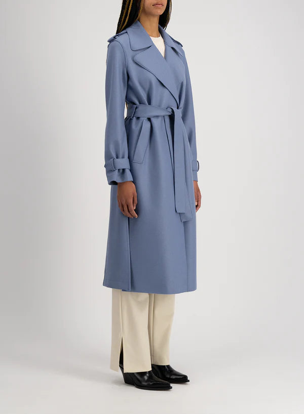 Harris Wharf Double Vent Trench Coat Light Pressed Wool Denim Blue