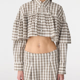 Bassike Check Frill Shirt in Stone and Charcoal and Tan Check