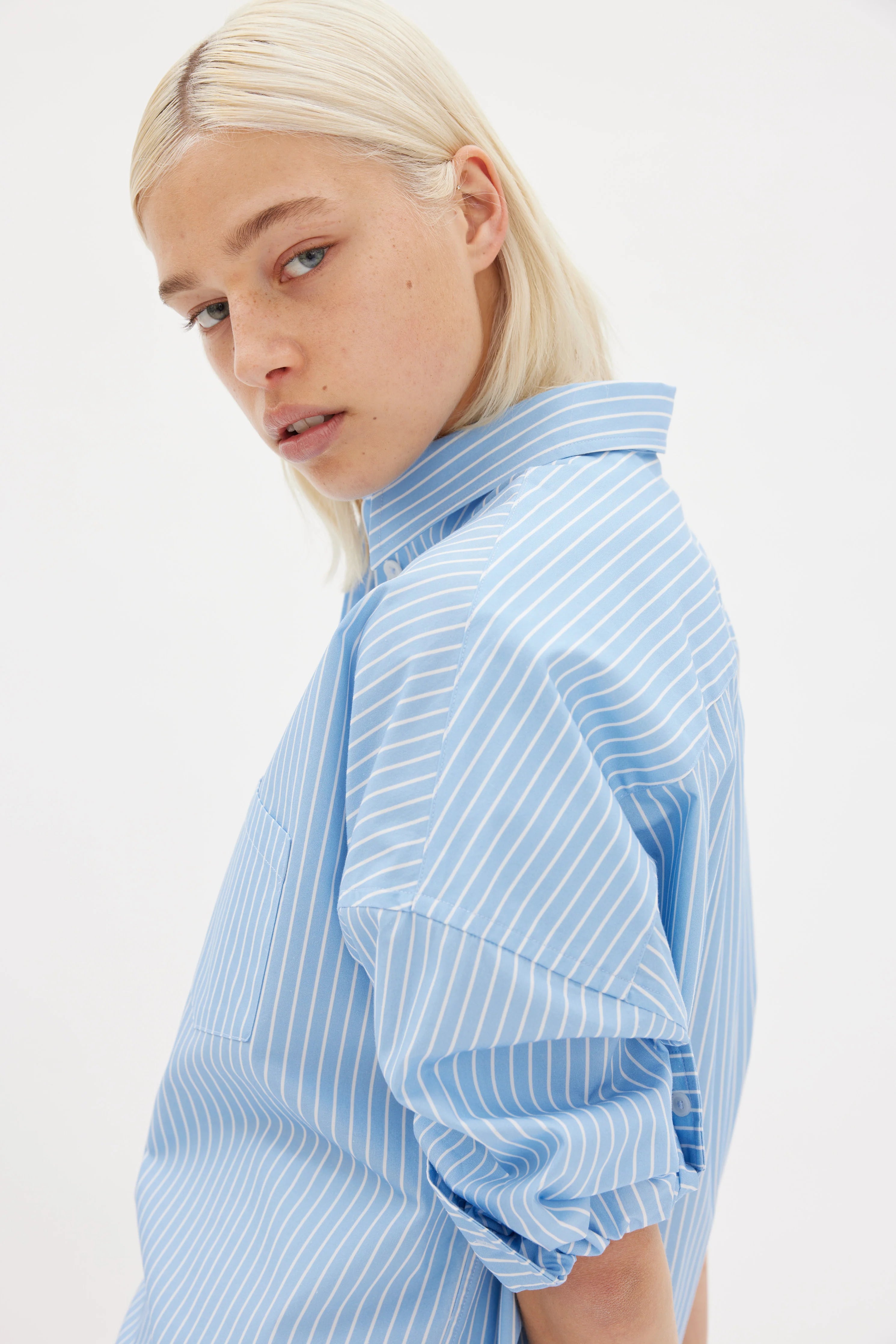 LMND Chiara Mid Length Stripes Shirt - Lagoon/White