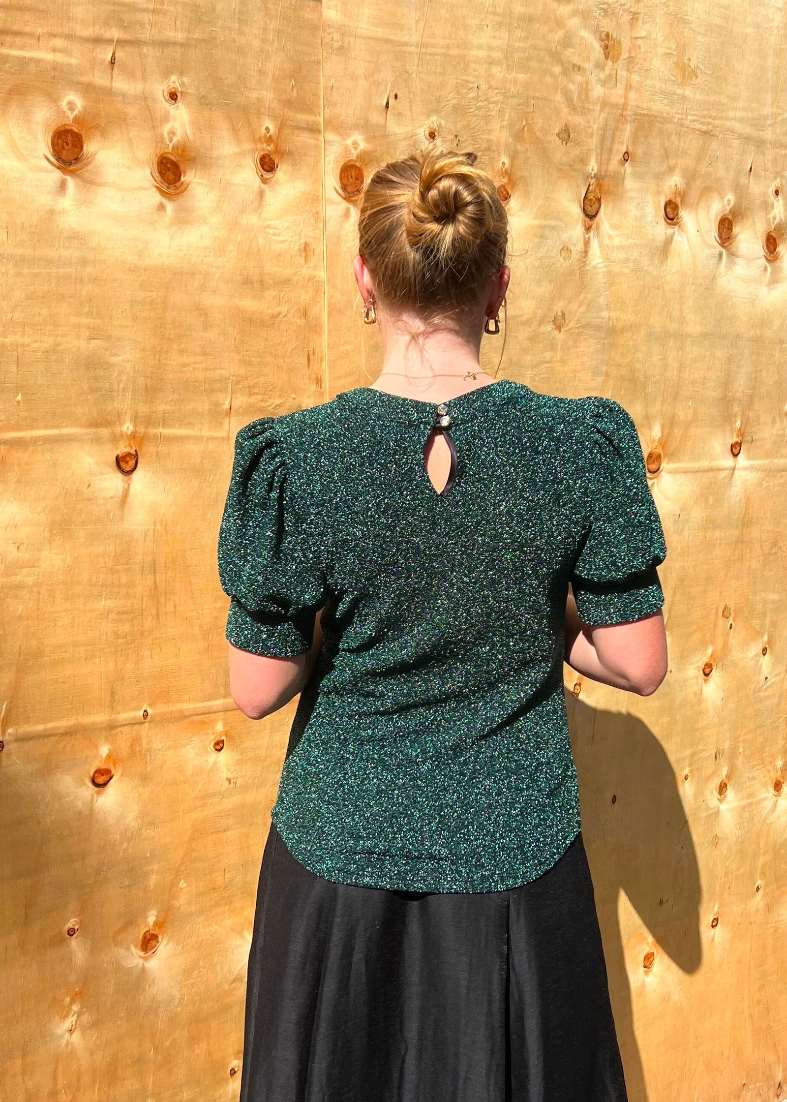 Luxe De Valentina Como Puff Sleeve T-Shirt - Forrest Green Metallic Knit