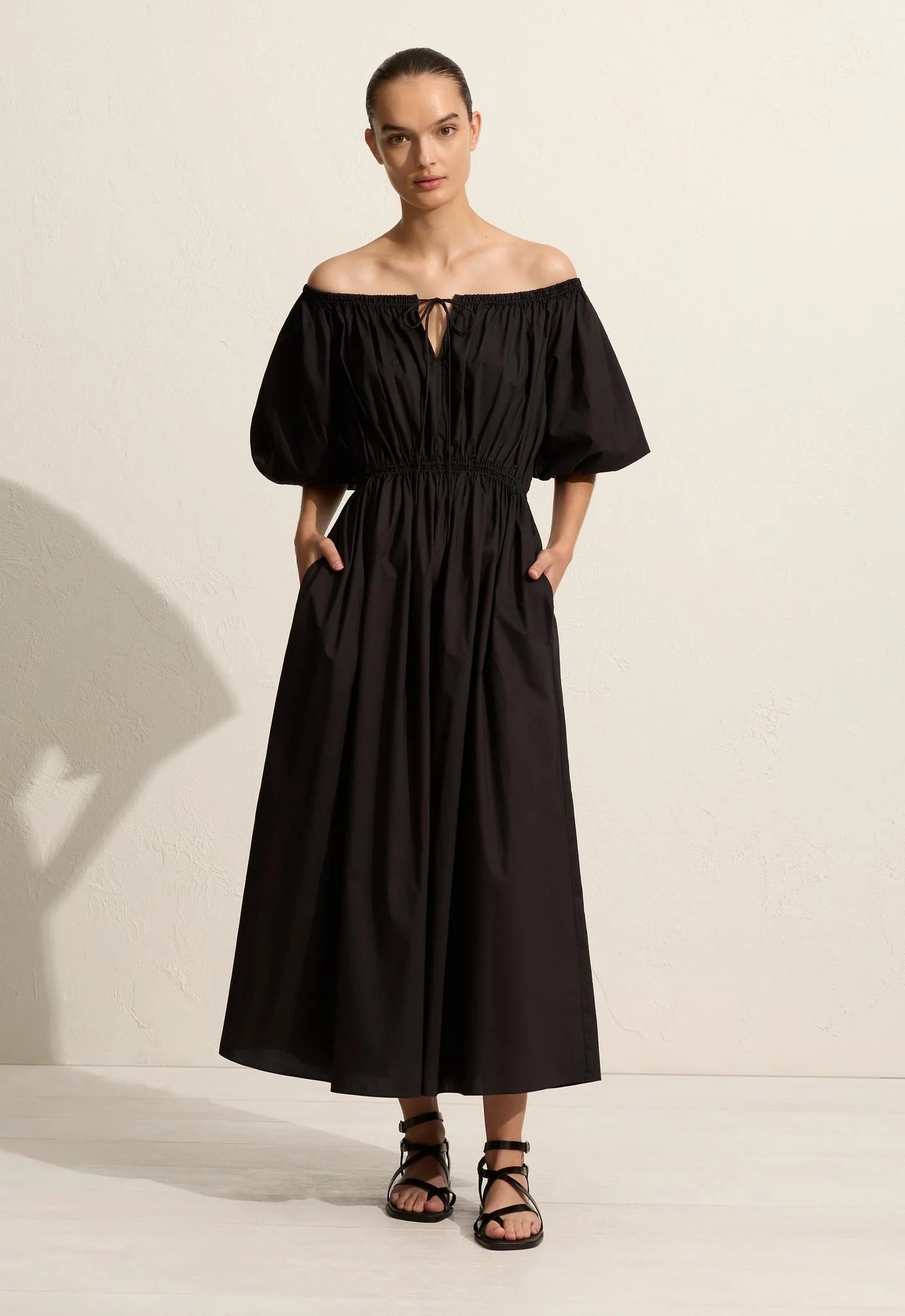 Black denim off the shoulder dress outlet