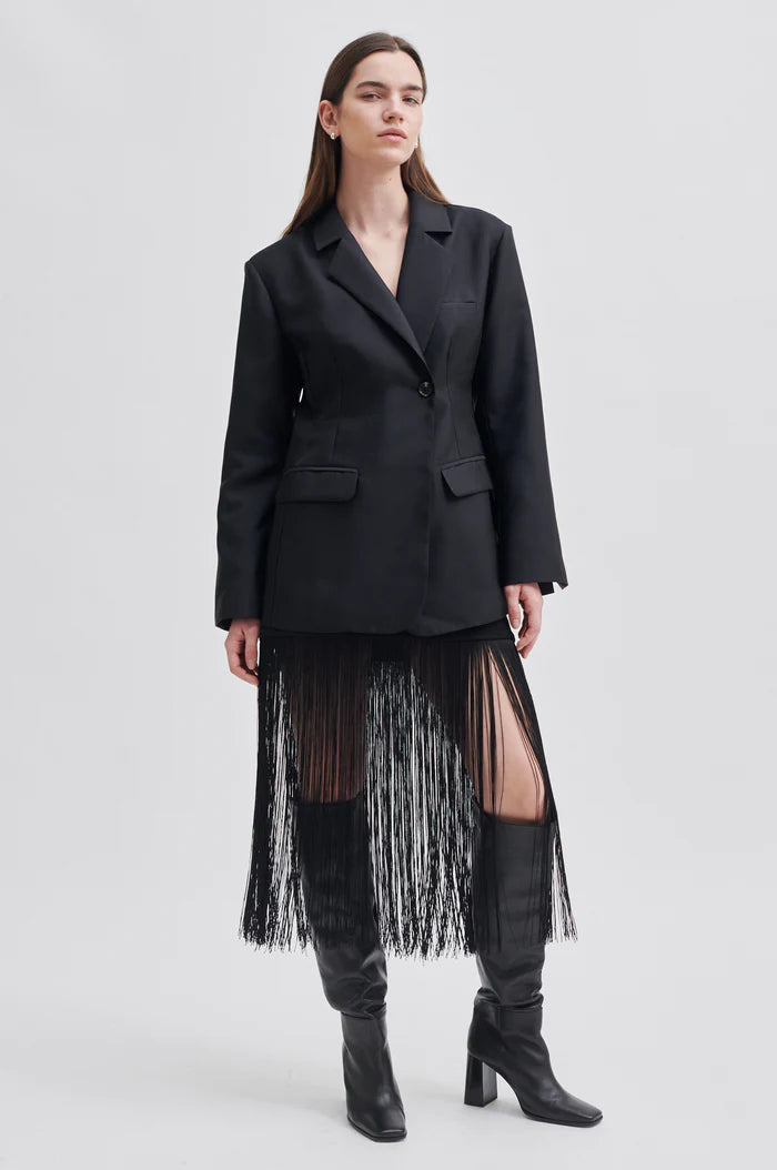 Knee length black fringe skirt clearance