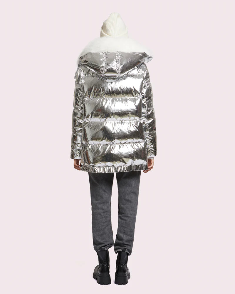 Yves Salomon "A" Line Down Jacket With Collar - Silver