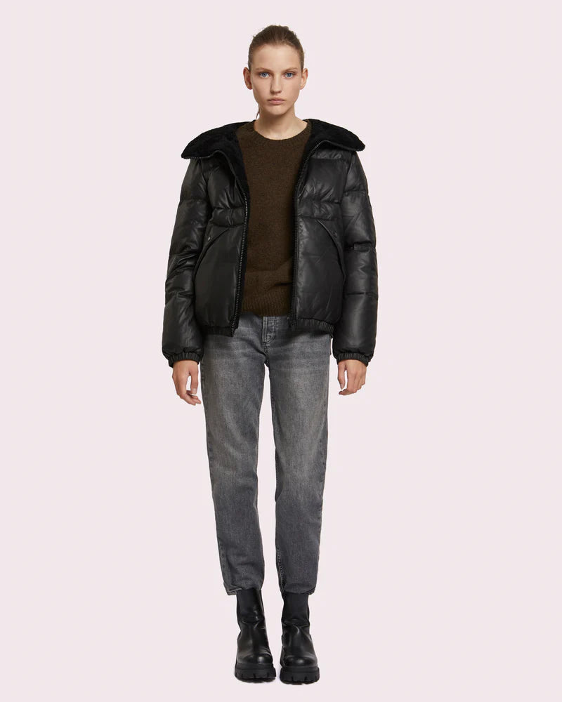 Yves Salomon Leather Down Jacket With Shearling Trim - Black