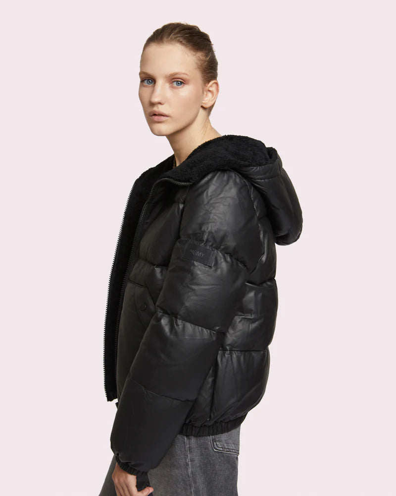 Yves Salomon Leather Down Jacket With Shearling Trim - Black
